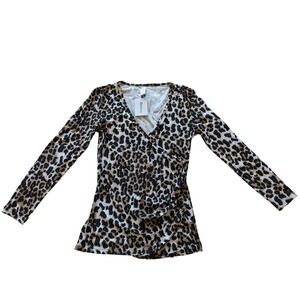 Leopard Print Rusched Long Sleeved Top Blouse Size Small